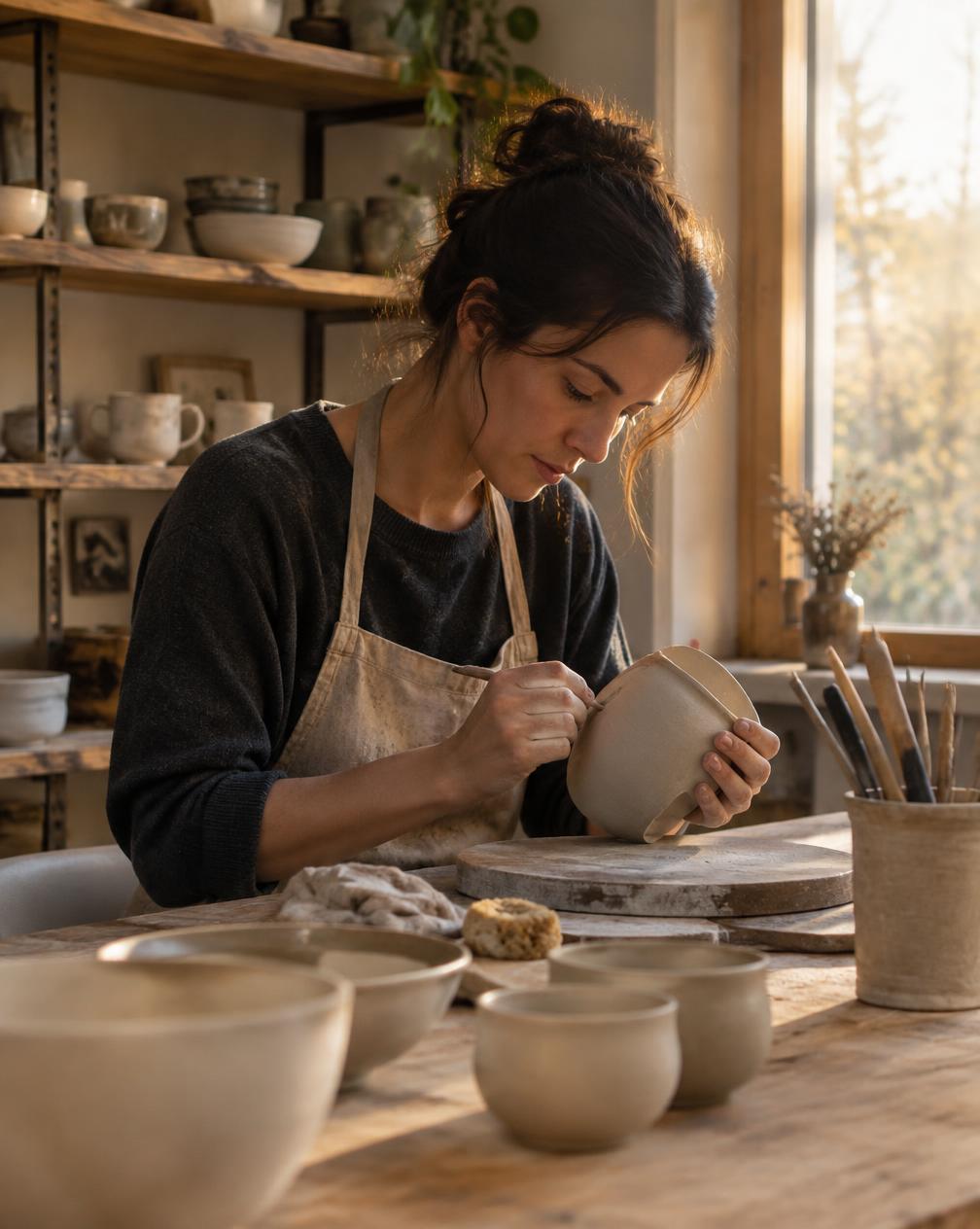 A small business owner shaping pottery in her studio
