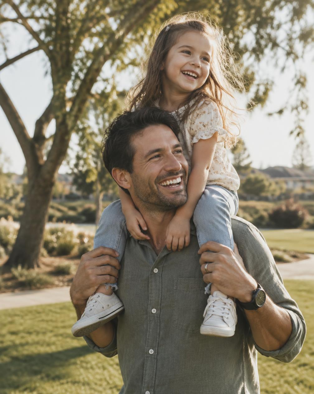 A father carrying his laughing daughter on his shoulders
