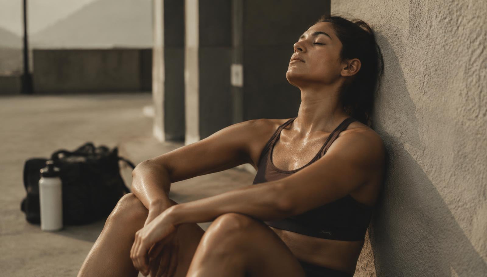 A woman resting against a wall after a hard day